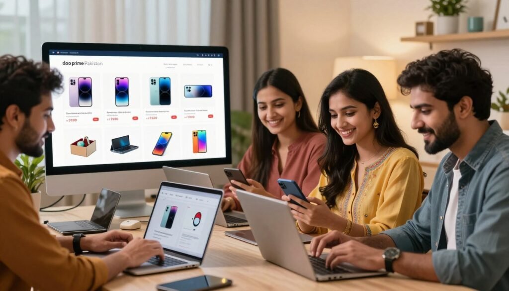 A modern and vibrant online shopping scene depicting the essence of "doo prime Pakistan". In the foreground, a diverse group of cheerful, professionally dressed young adults are engaged in online shopping on their laptops and smartphones, showcasing a variety of colorful products like electronics, clothing, and home goods. In the middle ground, a sleek digital interface with product images and prices is visible, emphasizing the online shopping experience. The background features a contemporary, stylish workspace with warm lighting, hints of Pakistani decor, and plants, creating an inviting atmosphere. The mood is energetic and optimistic, highlighting convenience and accessibility in online shopping. Use soft, natural lighting to enhance the friendly, modern vibe, captured with a slightly angled perspective to create depth.